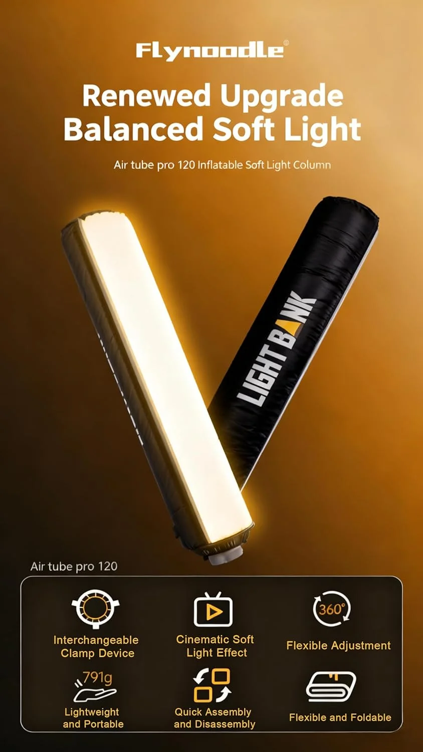 سافت باکس بادی Air Tube Pro 120 با لنز فرنل، قابل تنظیم 360 درجه، سافت باکس فوق عریض 210 درجه برای فلاش مانت بوئنز و LED 500 وات، باد شدن سریع 30 ثانیه ای، تاشو فوق العاده قابل حمل A3، نسخه ارتقا یافته 2025