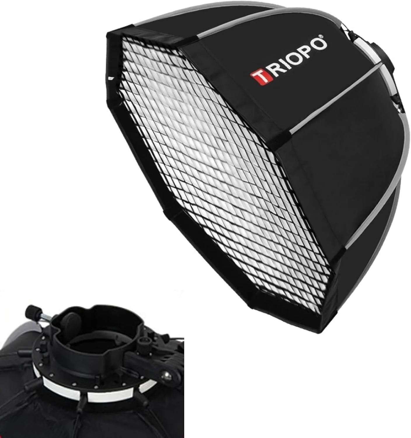 سافت باکس Triopo KX90 با قطر 90 سانتی متر به همراه گرید لانه زنبوری، سافت باکس چتری هشت ضلعی برای فلاش های گردن Godox V1 V1Pro AD200Pro AD200ProII و اسپیدلایت