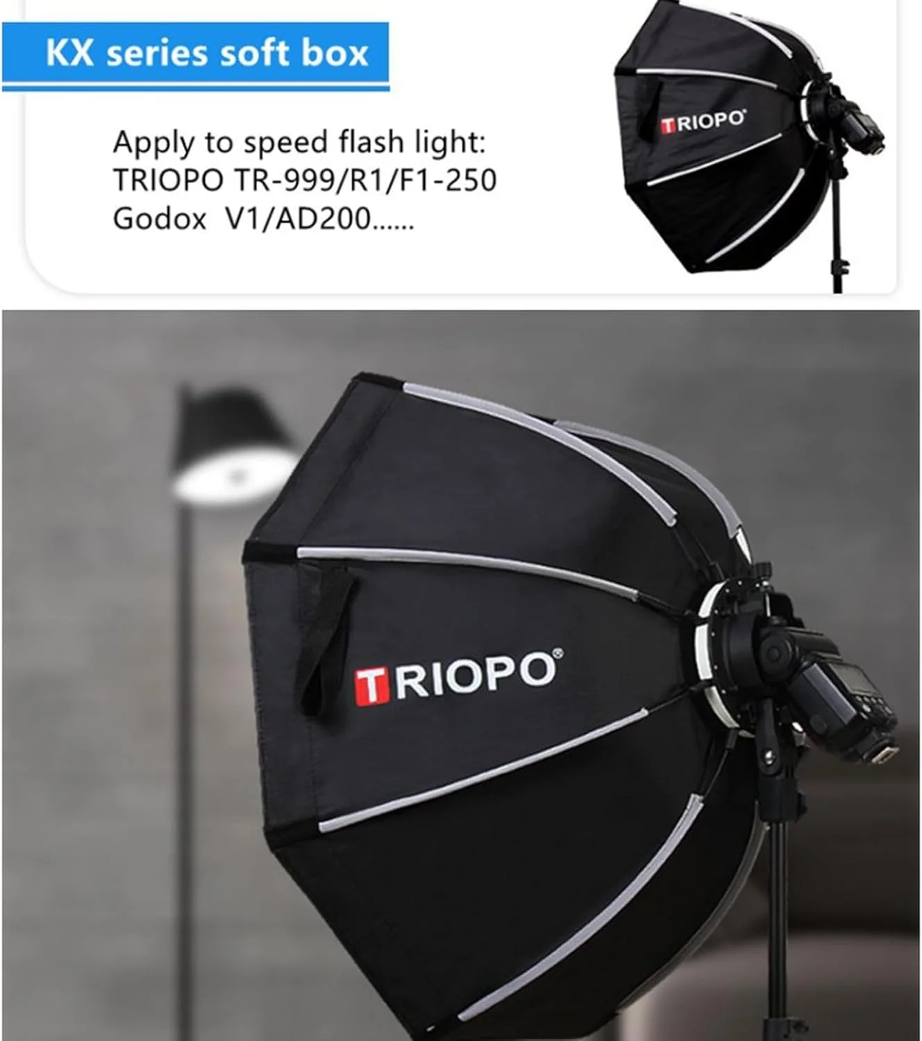 سافت باکس Triopo KX90 با قطر 90 سانتی متر به همراه گرید لانه زنبوری، سافت باکس چتری هشت ضلعی برای فلاش های گردن Godox V1 V1Pro AD200Pro AD200ProII و اسپیدلایت
