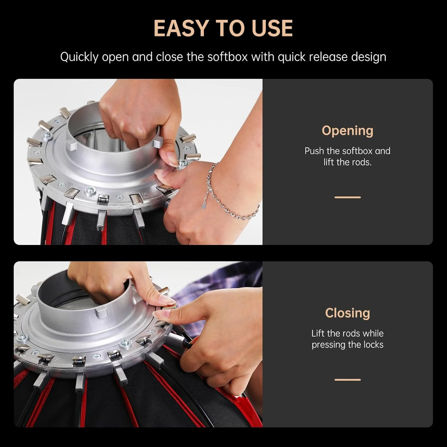 نرم باکس پارابولیک 60 سانتی متری GVM با مانت بوئنز، نرم باکس تاشو با نصب سریع به همراه دیفیوزر سازگار با PRO SD200B SD300B SD400B SD500B SD650B و سایر نورهای استودیویی و نورهای مداوم با مانت بوئنز