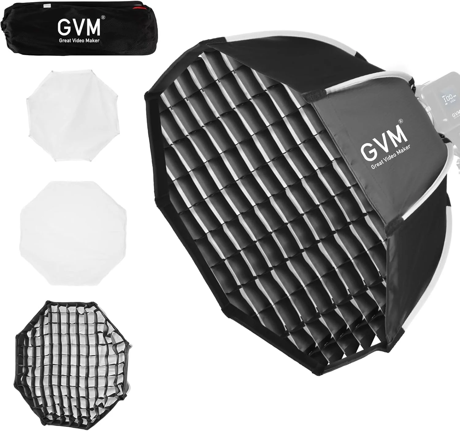 نرم باکس 65 سانتی متری GVM با مانت بوئنز، سافت باکس با قابلیت رهاسازی سریع و گرید لانه زنبوری سازگار با نورهای ویدئویی GVM P80S/ SD80D/G100W/PR150R/PRO-SD200B/PRO-SD300B و سایر برندها