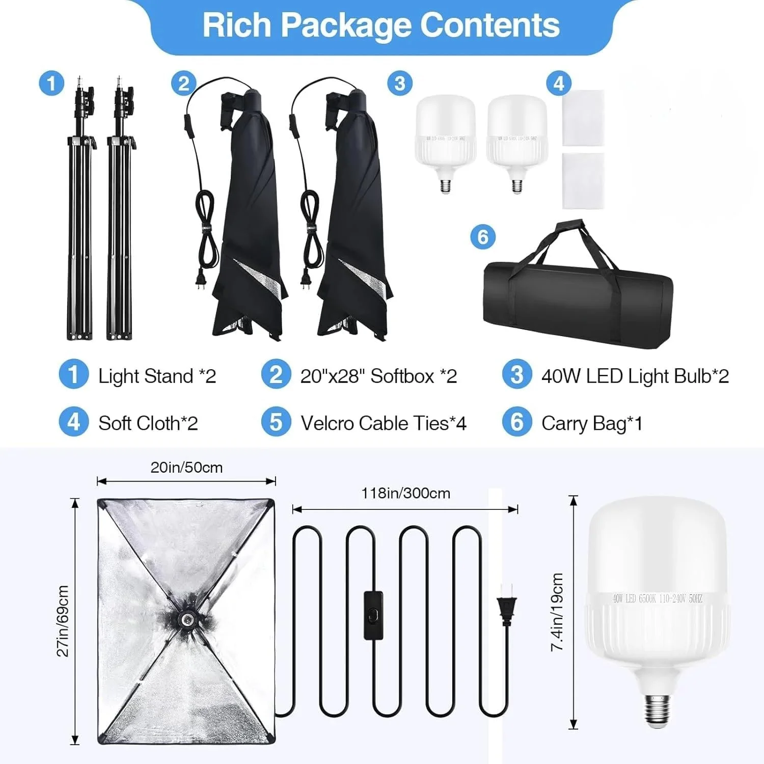 کیت نورپردازی سافت باکس عکاسی GulfDealz، چراغ های استودیویی 50x70 سانتی متر با لامپ، تجهیزات حرفه ای عکس