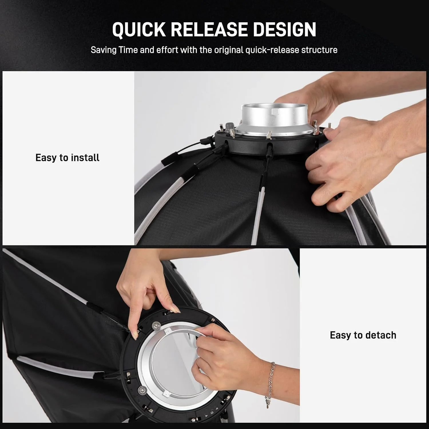 نرم باکس 65 سانتی متری GVM با مانت بوئنز، سافت باکس با قابلیت رهاسازی سریع و گرید لانه زنبوری سازگار با نورهای ویدئویی GVM P80S/ SD80D/G100W/PR150R/PRO-SD200B/PRO-SD300B و سایر برندها