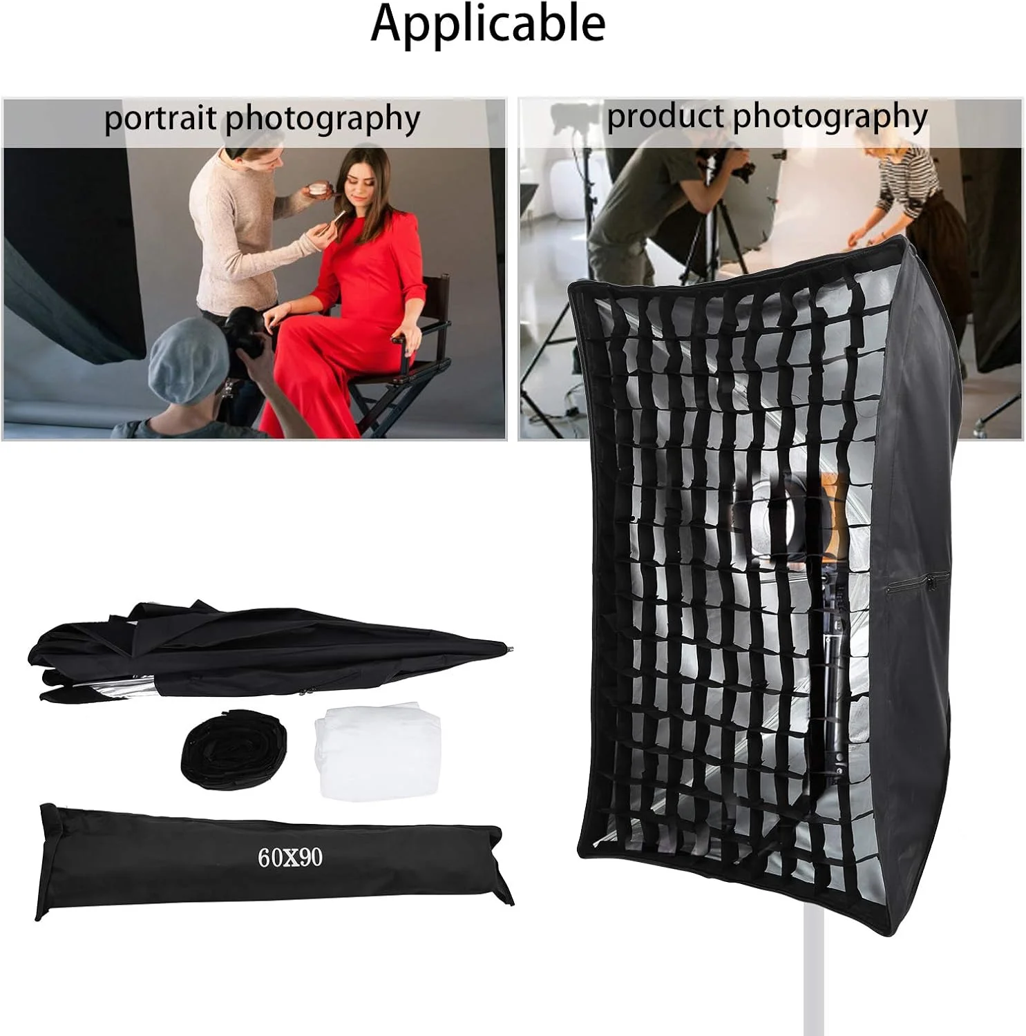 نرم باکس چتری GOWENIC، 60x90 سانتی متر، نرم باکس مستطیلی چتری نایلونی با پارچه نرم شبکه ای، تجهیزات عکاسی استودیویی در فضای باز، برای نور ویدئو/فلاش خارج از دوربین