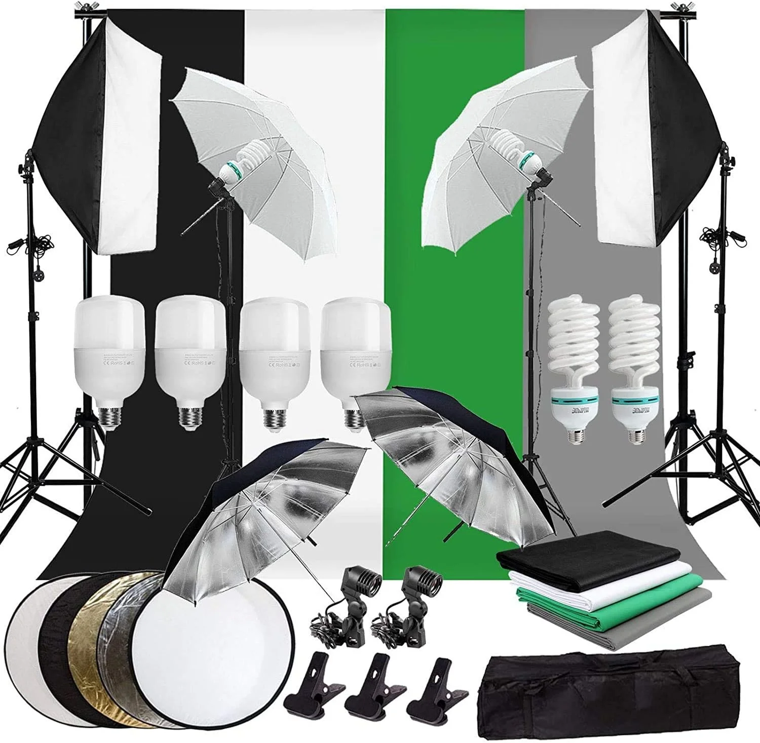 کیت نورپردازی مداوم عکاسی سافت باکس 50x70 سانتی متر، سیستم پشتیبانی پس زمینه 3 متری با 4 پس زمینه، سافت باکس چتری، 2 عدد LED 25 واتی، 2 عدد لامپ 135 واتی مجموعه نورپردازی lsmaa