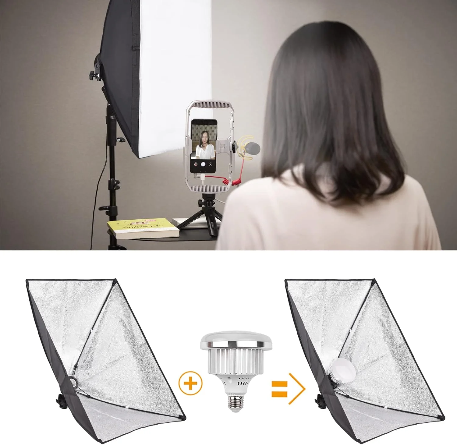 کیت نورپردازی استودیویی عمومی با سافت باکس 50x70 سانتی متری، نور LED دو رنگ 45 واتی 3200K-5600K و کنترل از راه دور برای عکس و فیلم های استودیویی و پرتره