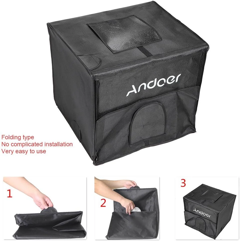 کیت جعبه نور استودیوی عکاسی تاشو LED با ابعاد 60 * 55 * 55 سانتی متر به همراه 2 پنل نور، 3 پس زمینه رنگی، آداپتور برق و کیف حمل