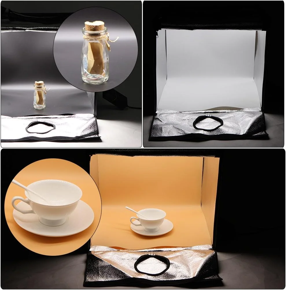 کیت جعبه نور استودیوی عکاسی تاشو LED با ابعاد 60 * 55 * 55 سانتی متر به همراه 2 پنل نور، 3 پس زمینه رنگی، آداپتور برق و کیف حمل