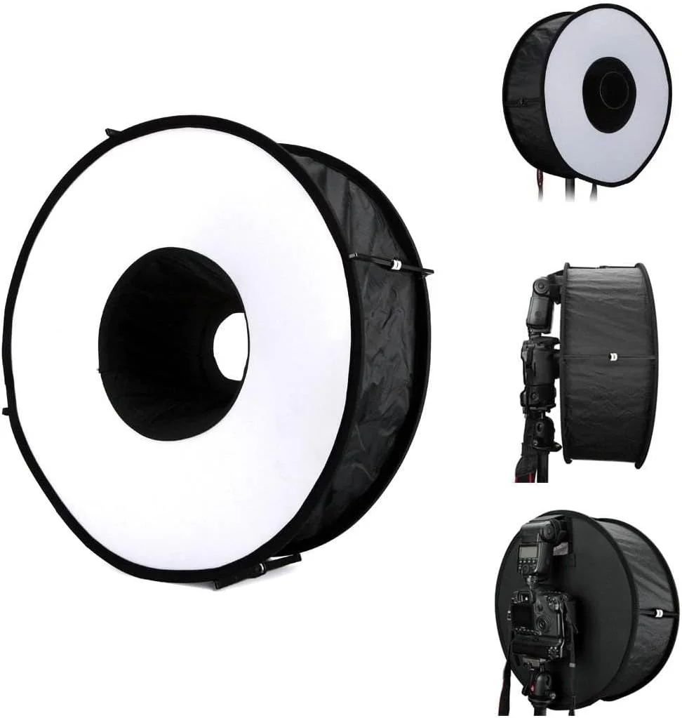 نرم کننده نور حلقه ای تاشو دوربین بازتابی 45 سانتی متری برای دوربین های DSLR | پخش کننده نور فلاش جهانی با کیف حمل | ایجاد نورپردازی یکنواخت با کیفیت استودیو | سازگار با کانن نیکون سونی