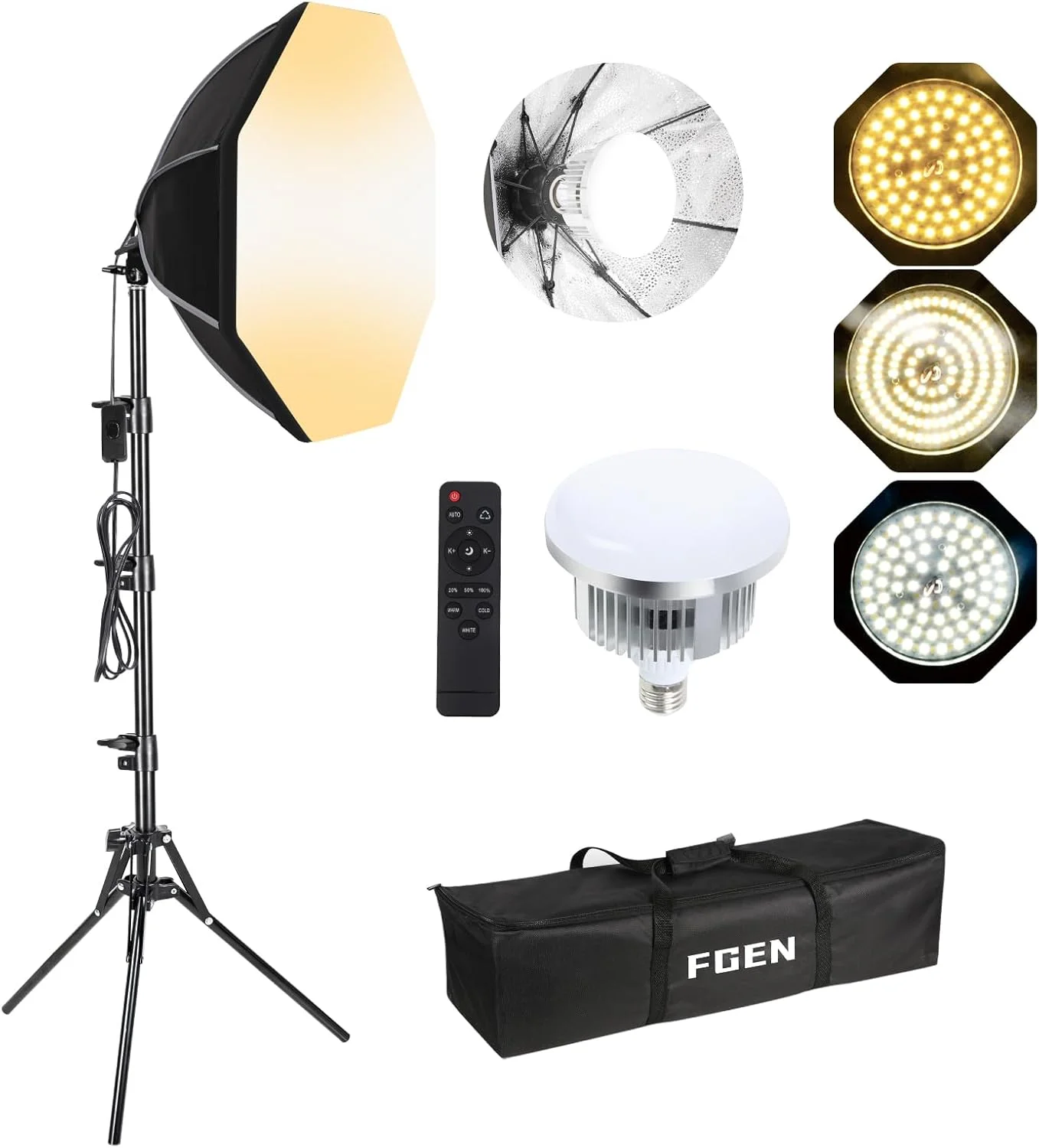 ست سافت باکس هشت ضلعی استودیویی FGen، 1 عدد سافت باکس 50 سانتی متری با طول کابل 300 سانتی متر به همراه لامپ های ال ای دی 60 واتی 2700-6400 کلوین، پایه نور 150 سانتی متری قابل تنظیم برای عکاسی استودیویی، ضبط ویدیو و بازی آنلاین