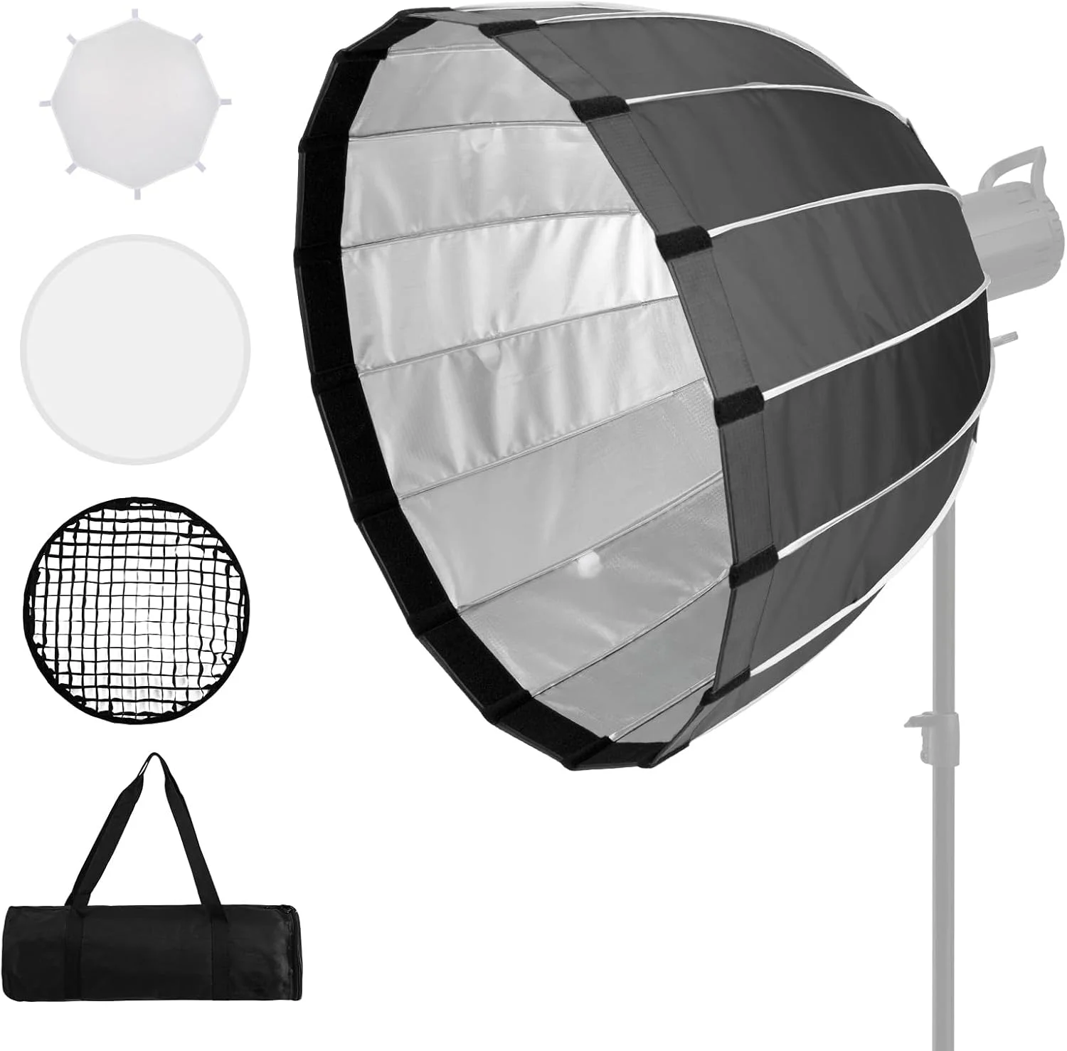 سافت باکس پارابولیک عمیق 70 سانتی متری FGen با دیفیوزر، گرید لانه زنبوری و کیف حمل، سافت باکس قابل حمل Bowens، مناسب برای نورهای مداوم مانت Bowens و نورهای استودیویی