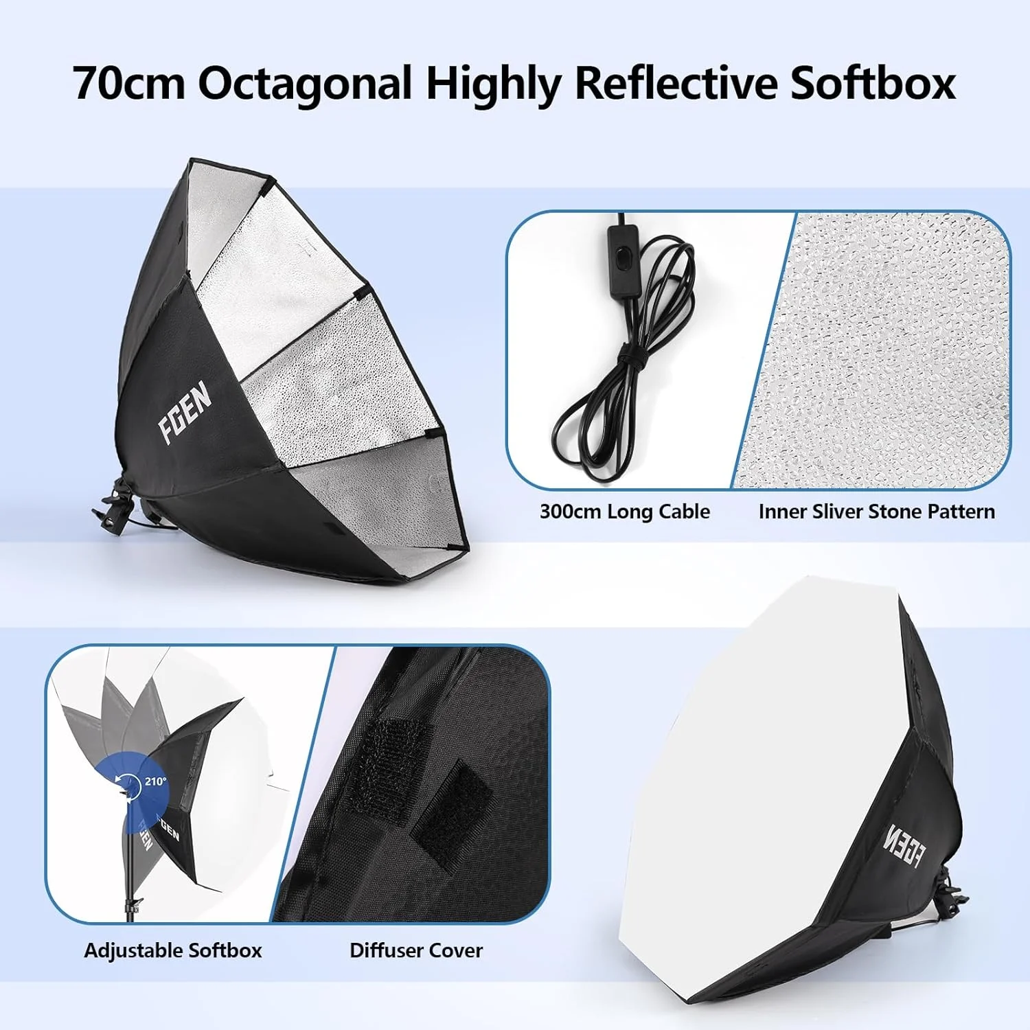 نور سافت باکس FGen، سافت باکس های هشت ضلعی با نور LED قابل تنظیم 120 واتی 3000-6500 کلوین، پایه نور قوی تر 2 متری، مناسب برای عکاسی استودیویی، یوتیوب، ضبط ویدیو تیک تاک