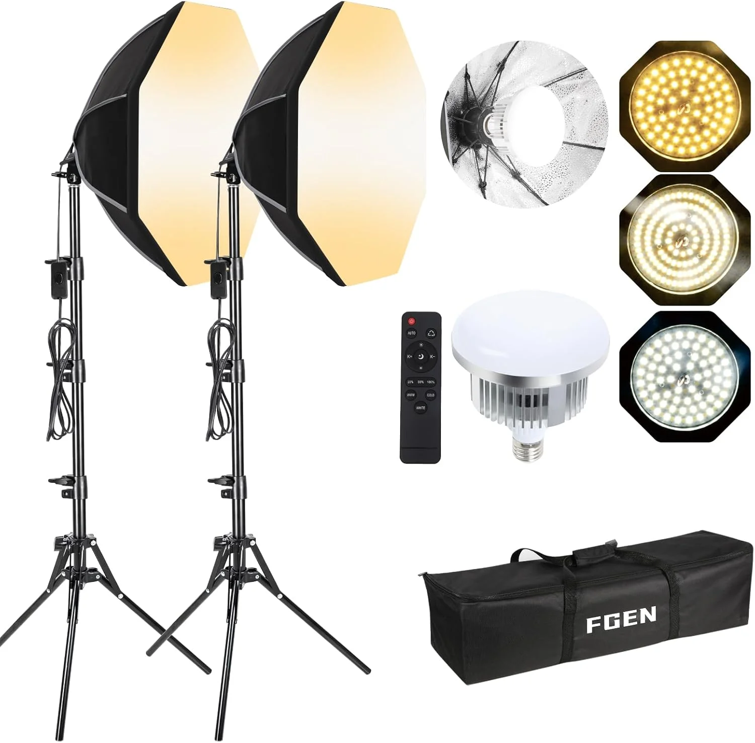 ست سافت باکس استودیویی عکس FGen، 2 عدد سافت باکس هشت ضلعی 50 سانتی متری با لامپ های LED 60 واتی 2700-6400 کلوین، پایه نور قابل تنظیم 150 سانتی متری برای عکاسی پرتره، پخش زنده، عکاسی ویدیویی یوتیوب