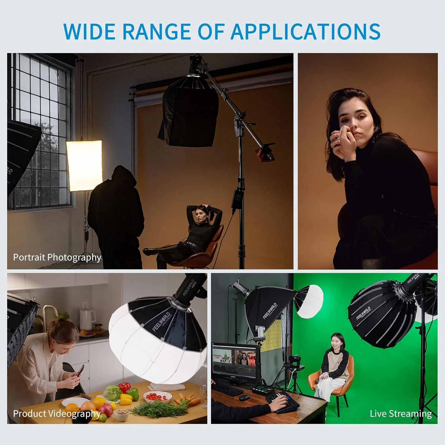 نرم باکس فانوسی قابل حمل FEELWORLD FSL65، 65 سانتی متر، 25.6 اینچ، برای نورهای استودیویی FEELWORLD FL125D FL125B FL225D FL225B و سایر نورهای دارای مانت بوئنز، مناسب برای پخش زنده، فیلمبرداری و عکاسی