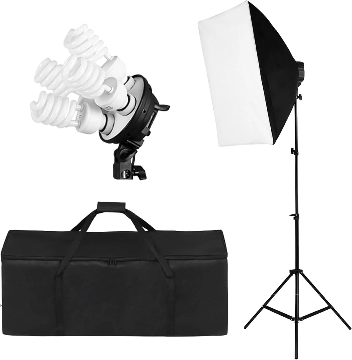 کیت استودیویی Fawoonu شامل 1 سافت باکس، 1 هد لایت چهارتایی، 1 پایه نور 2 متری، 4 لامپ 45 واتی به همراه کیف حمل