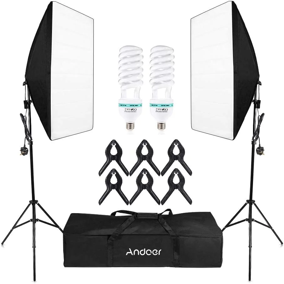 Fawoonu کیت نورپردازی استودیویی عکاسی شامل چادر نور، سافت باکس، 2 عدد لامپ 135 وات، 2 عدد پایه نور، 6 عدد گیره و کیف حمل مناسب برای عکاسی پرتره و محصول، دوشاخه UK، ولتاژ 220 ولت