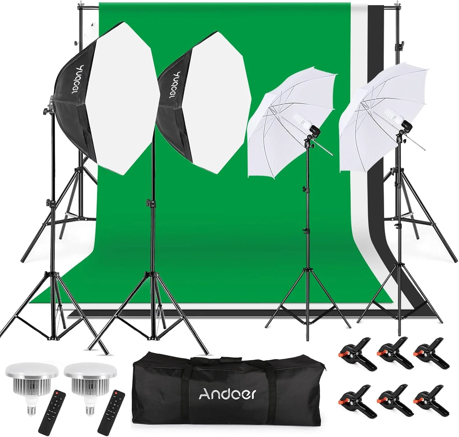 کیت نورپردازی استودیویی Fawoonu شامل لامپ‌های LED 85 واتی و 45 واتی، سافت‌باکس هشت ضلعی، چتر عکاسی سفید 33 اینچی، سرپیچ لامپ E27، پایه‌های نور 2 متری و 3 عدد پس‌زمینه