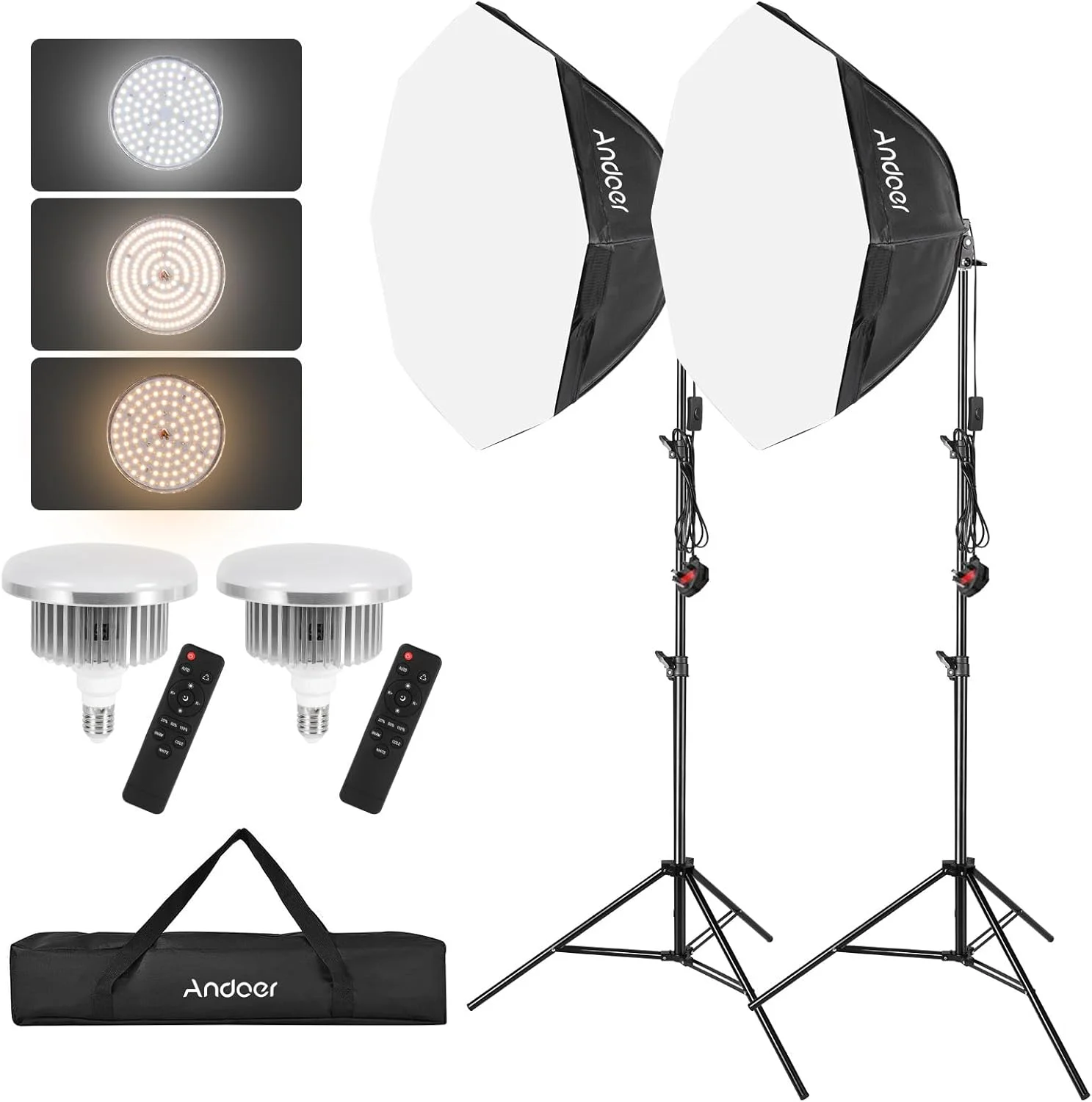 کیت نورپردازی استودیویی Fawoonu شامل سافت باکس، نور LED 85W با دمای رنگی 2800K-5700K (2 عدد)، سافت باکس هشت ضلعی (2 عدد)، پایه نور 2 متری (2 عدد)، کنترل از راه دور (2 عدد) و کیف حمل (1 عدد) مناسب برای عکاسی پرتره و محصول در استودیو