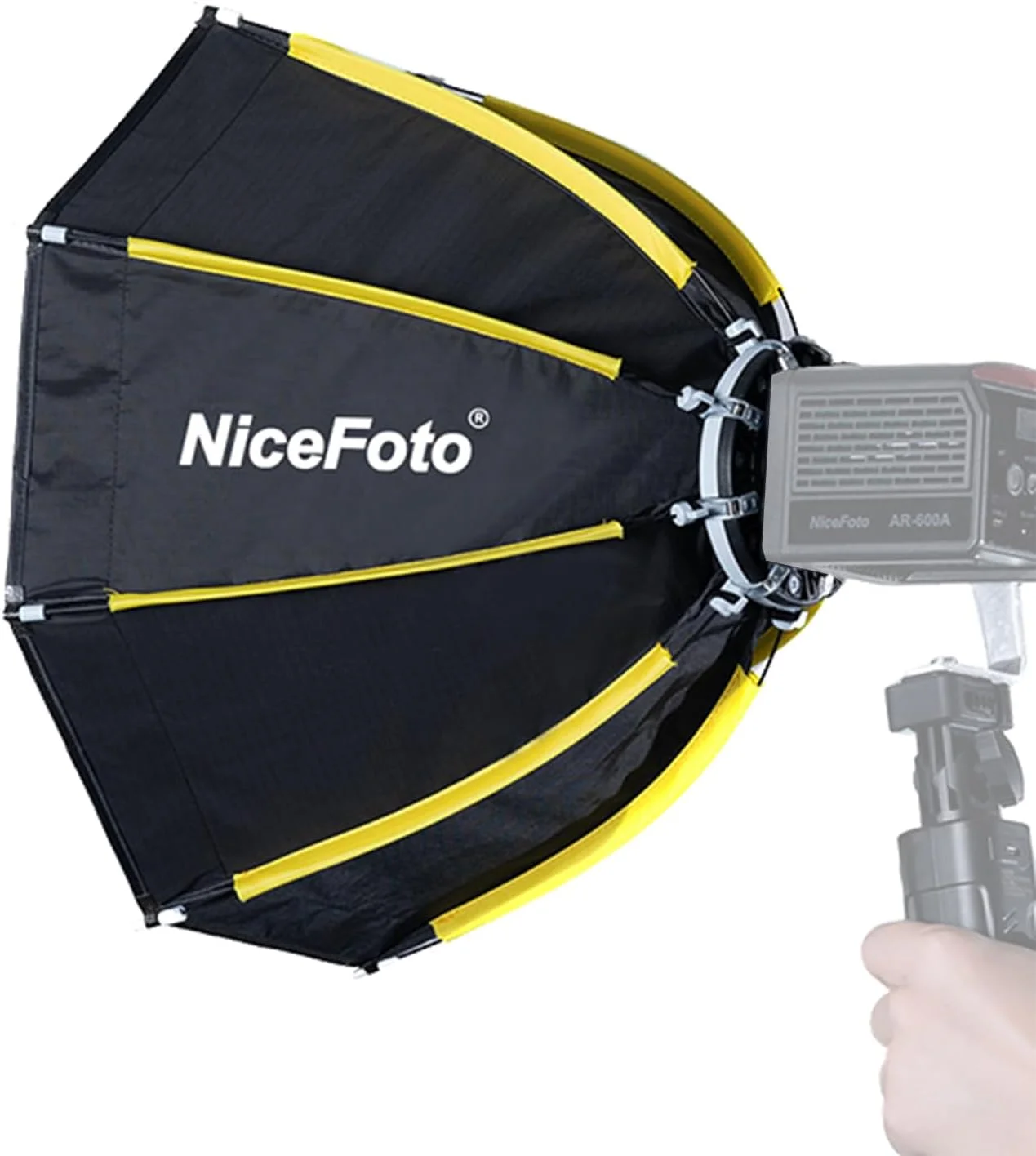 نرم باکس هشت ضلعی کوچک Fawoonu مدل mini-50g با قطر 50 سانتی متر به همراه پارچه پخش کننده نور و شبکه لانه زنبوری و کیف حمل مخصوص نورهای LED با مانت مینی بوئنز