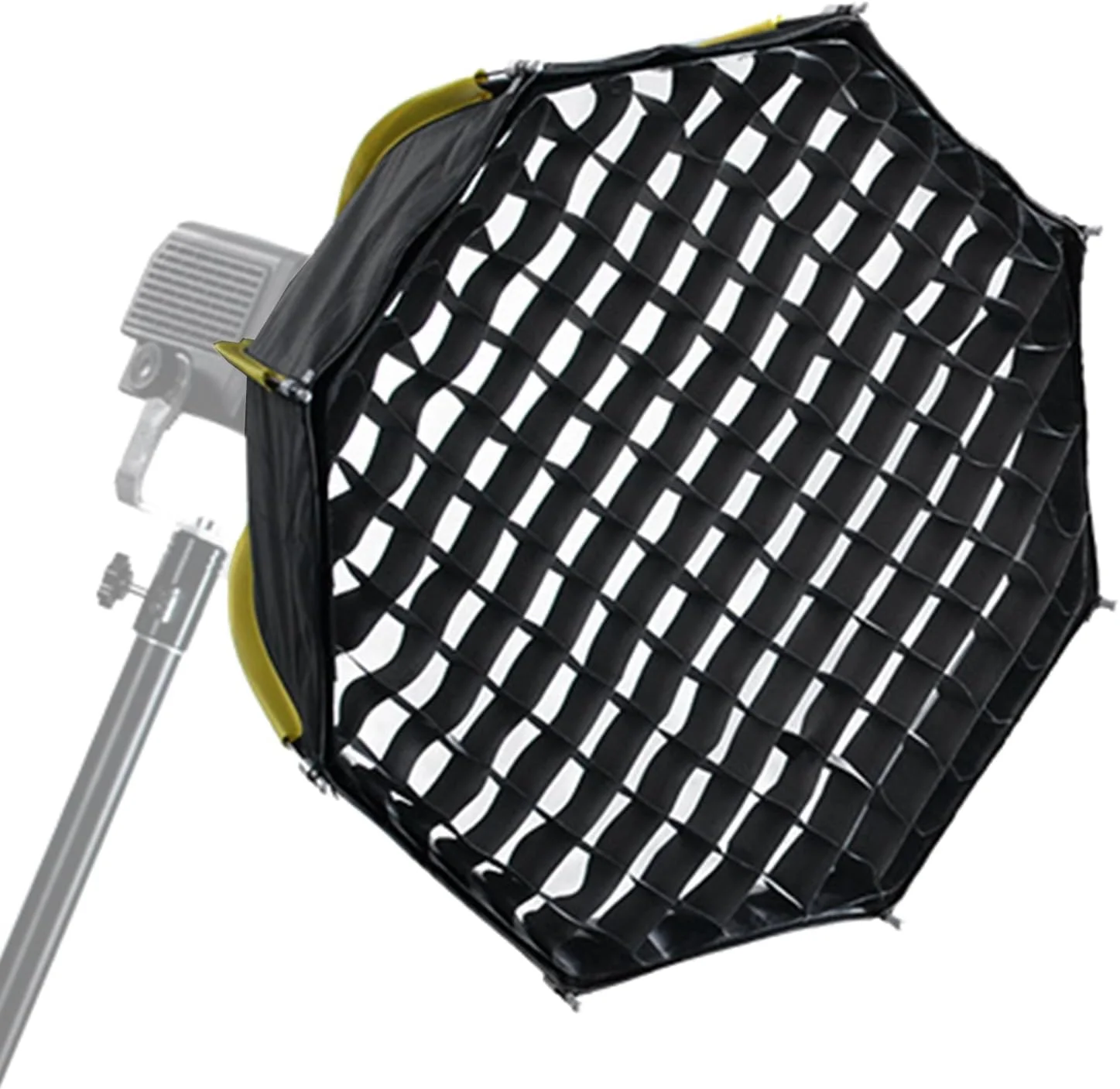 نرم باکس هشت ضلعی کوچک Fawoonu مدل mini-50g با قطر 50 سانتی متر به همراه پارچه پخش کننده نور و شبکه لانه زنبوری و کیف حمل مخصوص نورهای LED با مانت مینی بوئنز