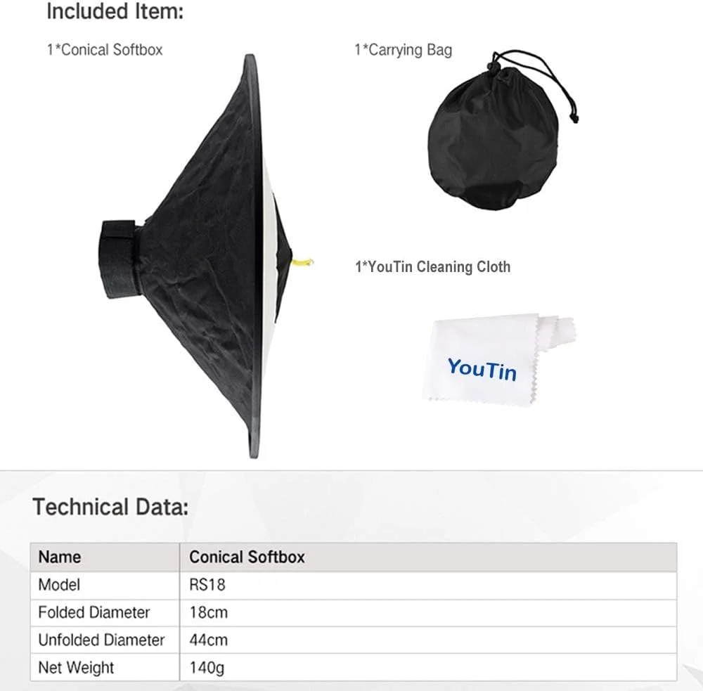 نرم باکس مخروطی فلاش دوربین عکاسی Excefore، مناسب برای تمامی فلاش‌های اسپیدلایت، مدل RS18، اندازه 43x18 سانتی‌متر