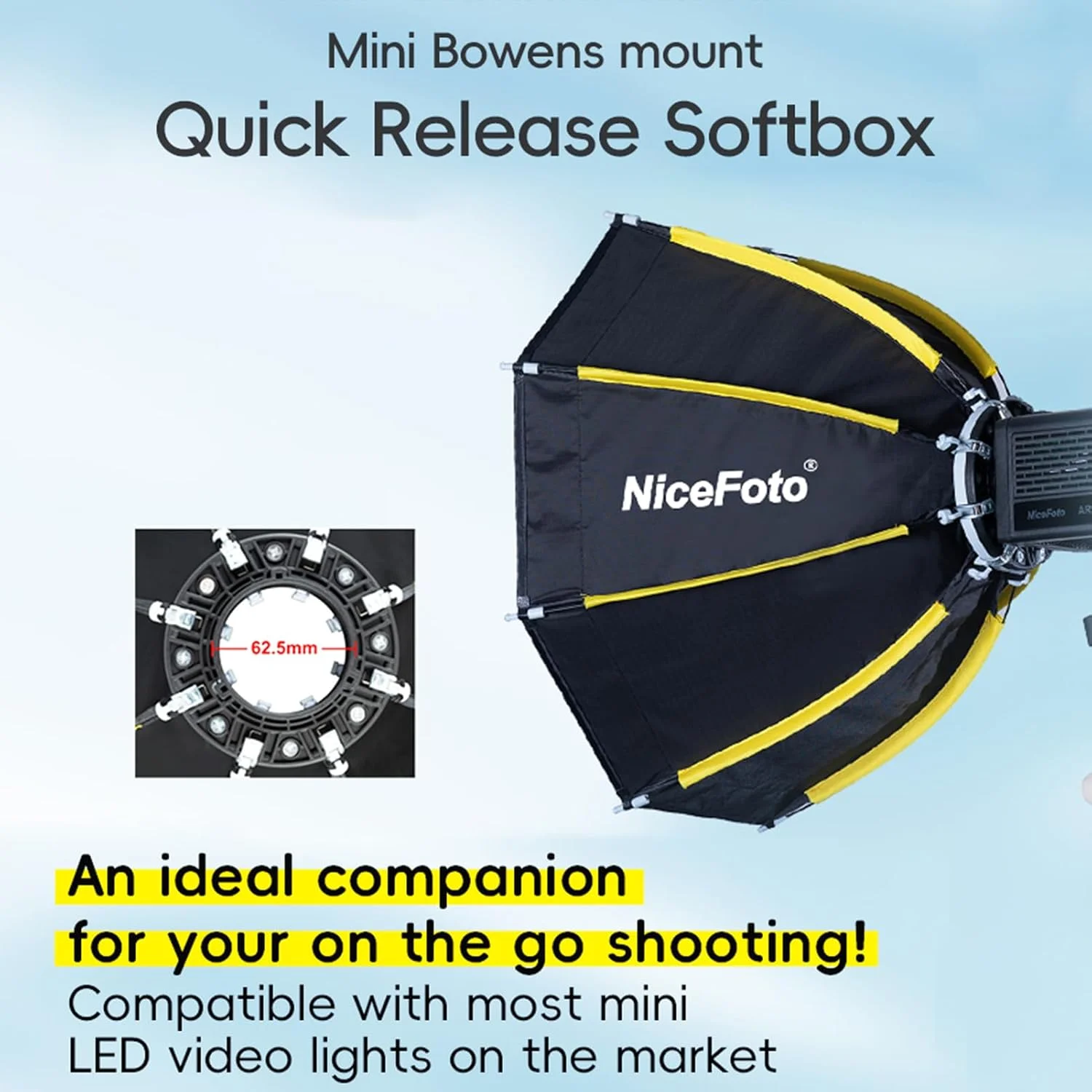 نرم باکس هشت ضلعی کوچک Fawoonu مدل mini-50g با قطر 50 سانتی متر به همراه پارچه پخش کننده نور و شبکه لانه زنبوری و کیف حمل مخصوص نورهای LED با مانت مینی بوئنز