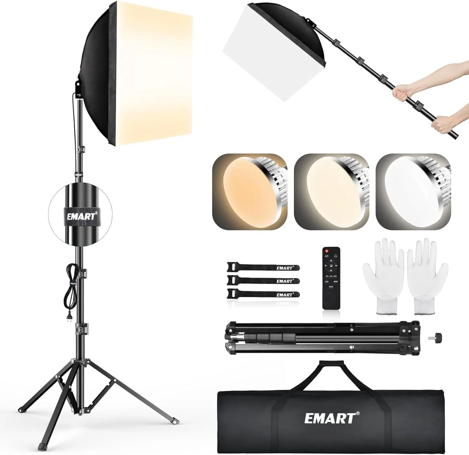 ست سافت باکس استودیوی عکس EMART، سافت باکس 40x40 سانتی متر، چراغ LED عکس 85 واتی با سه پایه 165 سانتی متری، ست نورپردازی حرفه ای سافت باکس برای چراغ های استودیویی، پرتره، ضبط ویدیو (1 بسته)