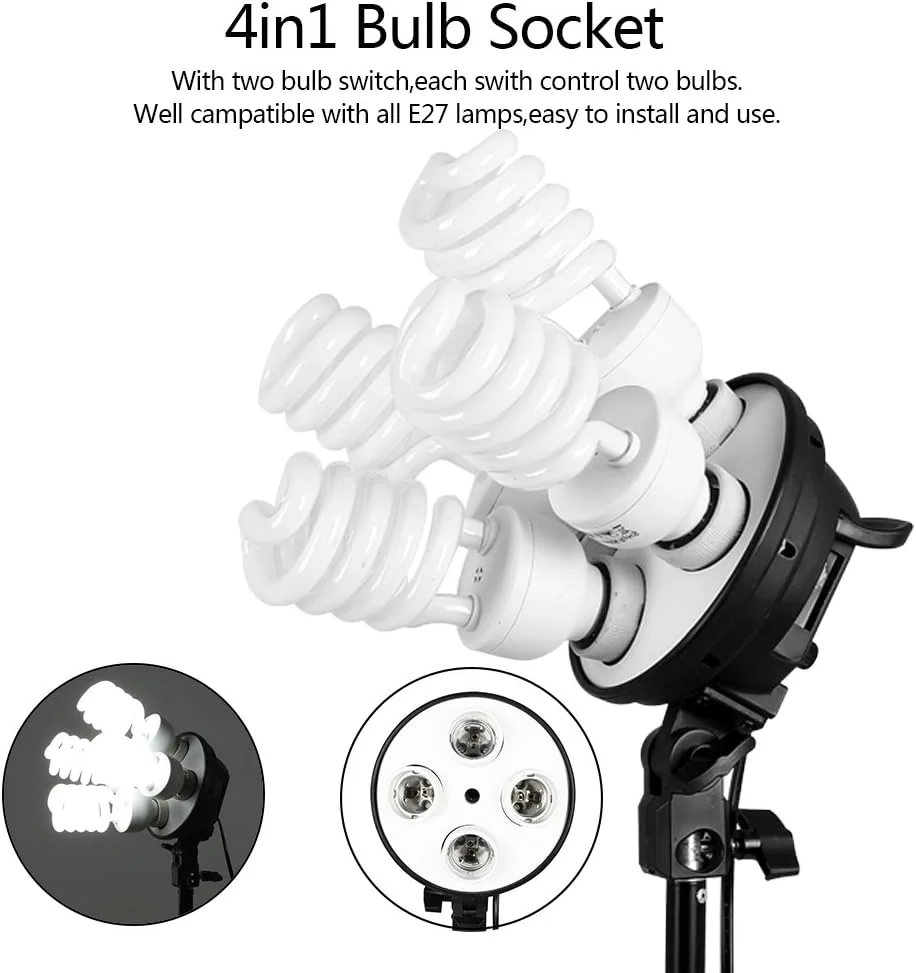 کیت نورپردازی استودیویی Eacam با 2 عدد سافت باکس / 2 عدد سرپیچ 4 در 1 / 8 عدد لامپ 45 وات / 2 عدد پایه نور / 1 عدد کیف حمل دوشاخه UK 220V