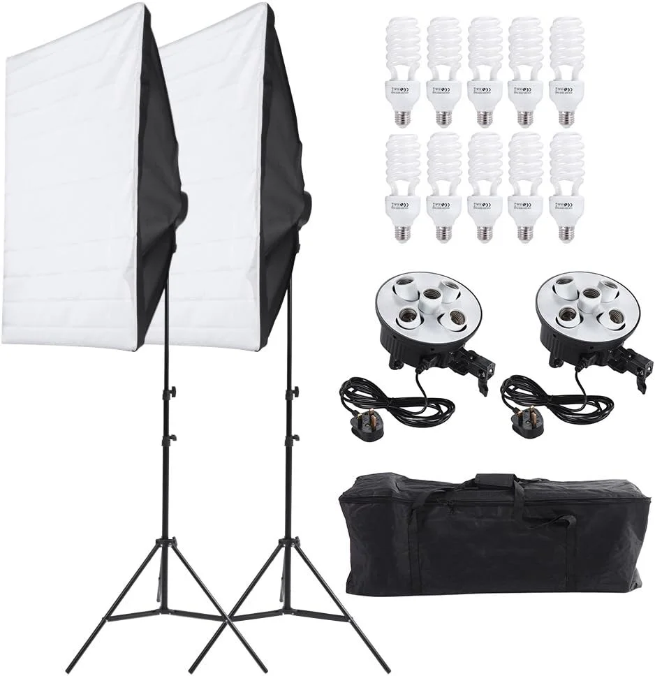کیت نورپردازی استودیویی عکاسی Eacam برای عکسبرداری از محصولات و پرتره (2 عدد سافت باکس + 2 عدد سرپیچ 5 در 1 + 10 عدد لامپ 45 وات + 2 عدد پایه سه پایه + 1 عدد کیف حمل) دوشاخه UK