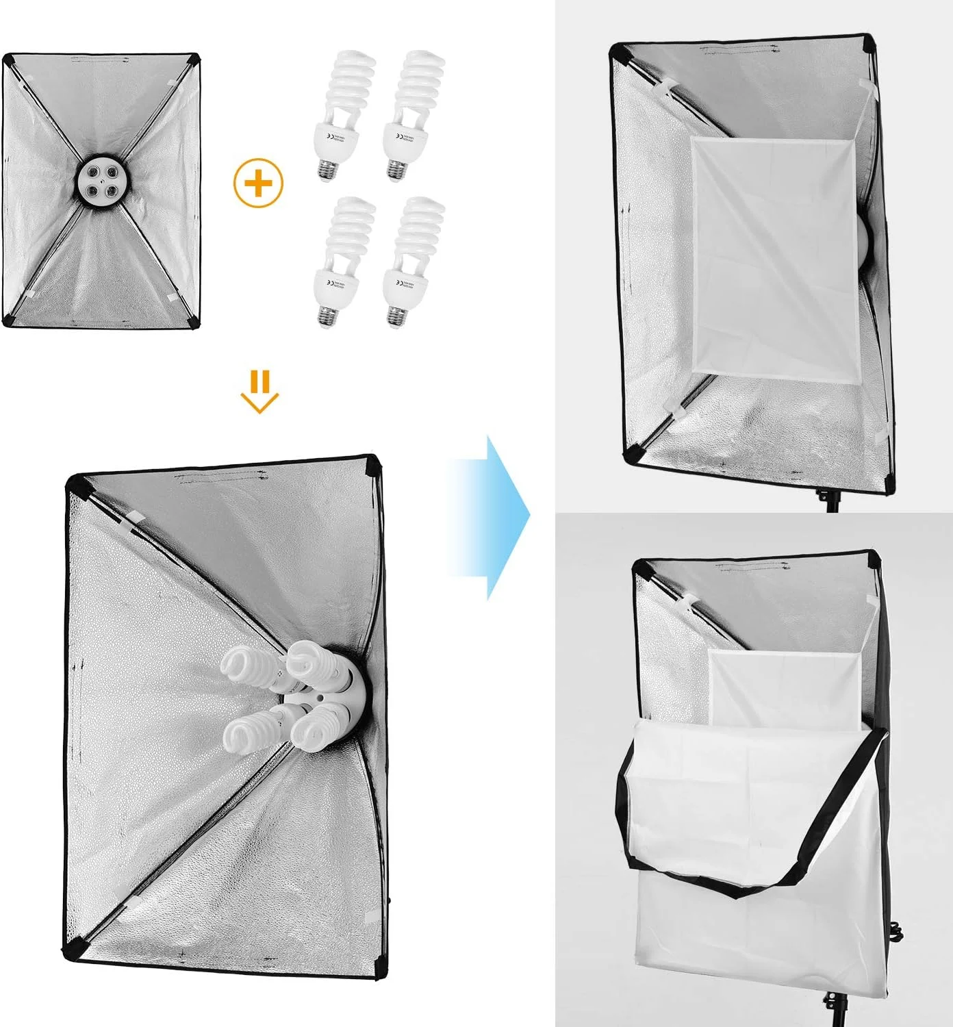 کیت نورپردازی حرفه ای استودیویی Eacam: سافت باکس 50x70 سانتی متر، سرپیچ 4-در-1، لامپ 45 وات 5500K، پایه 2 متری، کیف حمل