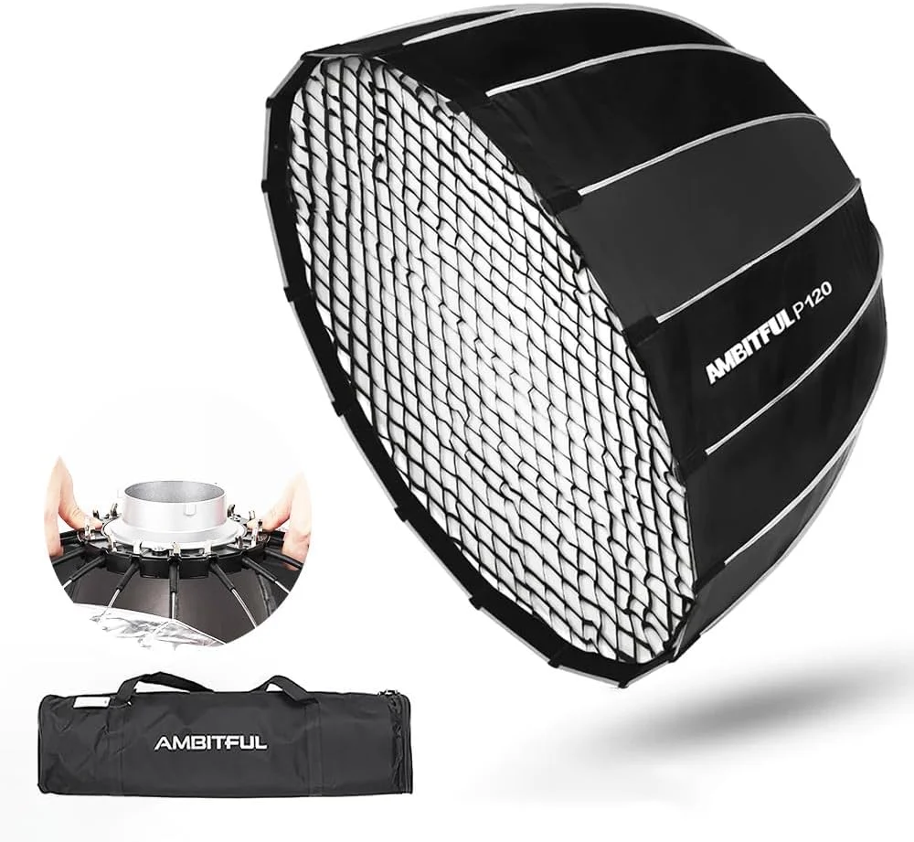 سافت باکس پارابولیک عمیق 120 سانتی متری AMBITFUL مدل Double O1 با قابلیت باز شدن سریع + گرید لانه زنبوری و کیف حمل | سافت باکس با مانت بوئنز و قابلیت تاشو سریع برای نور LED ویدئویی و فلاش استروب، مشکی
