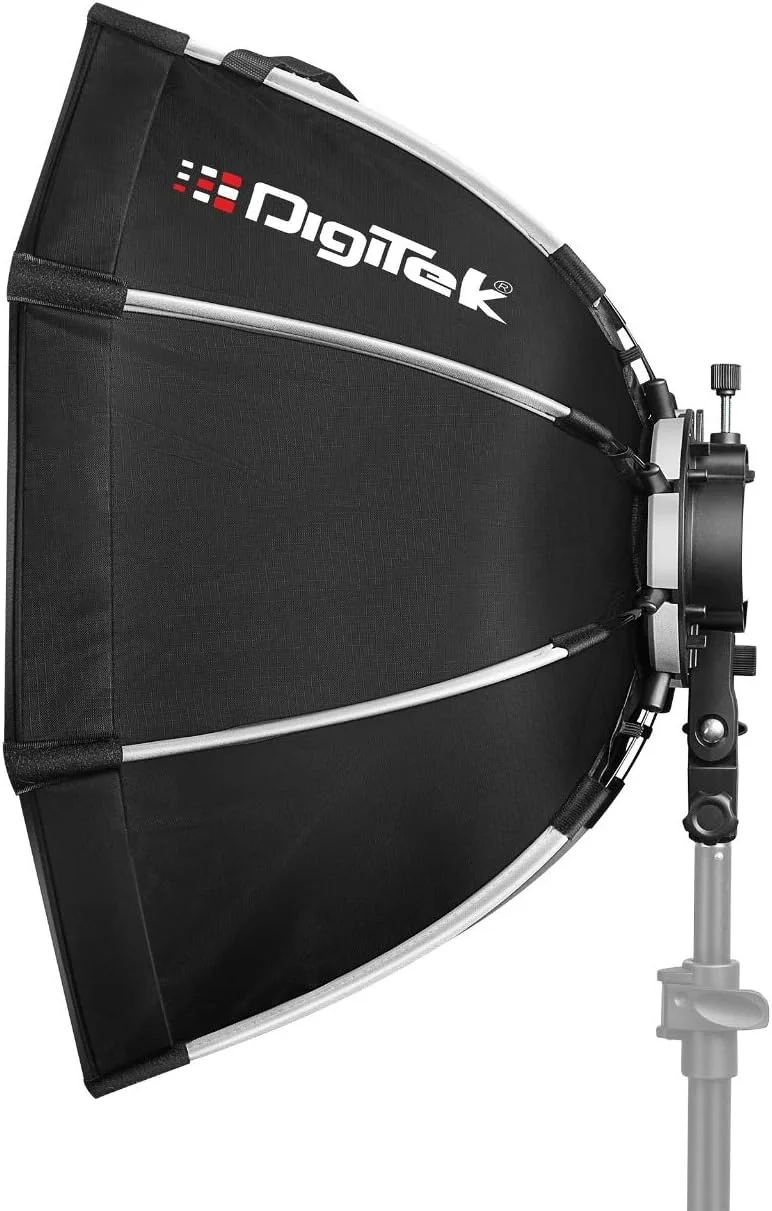 کیت سافت باکس هشت ضلعی 55 سانتی متری DIGITEK® (DSBH-055) با براکت نوع S2، 2 دیفیوزر سفید، بافل ذرات نقره ای و روکش نایلونی تاشو، سازگار با همه فلاش های اسپیدلایت (شامل کیف حمل)