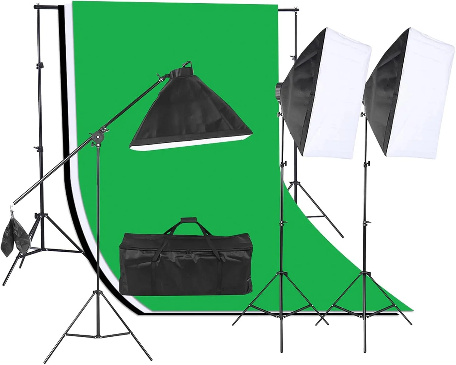 کیت نورپردازی استودیویی شامل 3 عدد سافت باکس 50*70 سانتی متر، 12 عدد لامپ 45 وات، 3 عدد سرپیچ 4 به 1، 3 عدد پایه نور 2 متری، 1 عدد بازوی بوم، پرده پس زمینه 1.6 متری * 3 متری مشکی، سفید و سبز، 1 عدد پایه پرده پس زمینه 2 متری * 3 متری، 3 عدد گیره