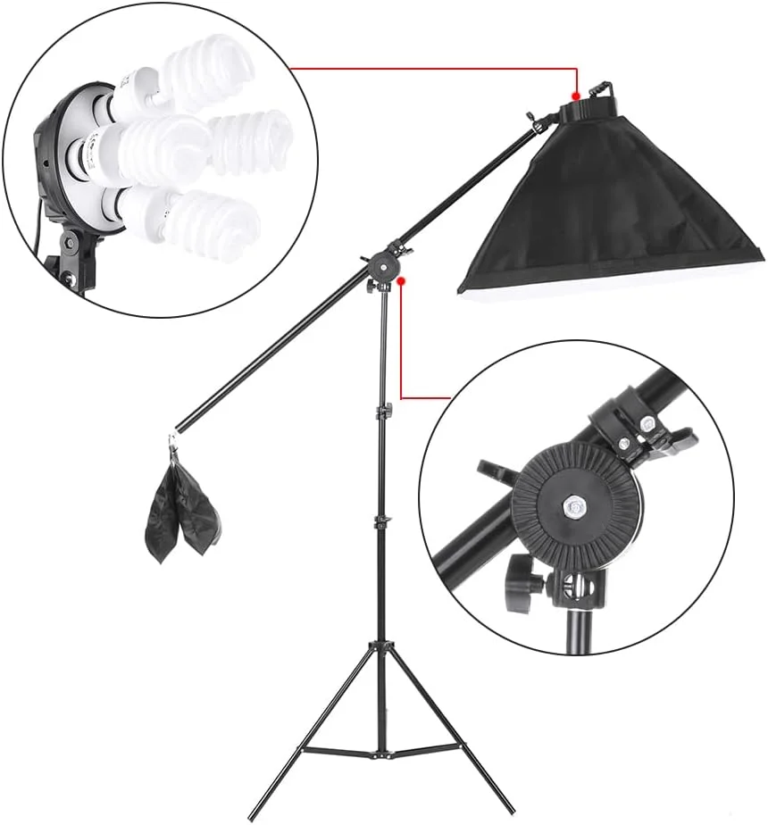 کیت نورپردازی استودیویی شامل 3 عدد سافت باکس 50*70 سانتی متر، 12 عدد لامپ 45 وات، 3 عدد سرپیچ 4 به 1، 3 عدد پایه نور 2 متری، 1 عدد بازوی بوم، پرده پس زمینه 1.6 متری * 3 متری مشکی، سفید و سبز، 1 عدد پایه پرده پس زمینه 2 متری * 3 متری، 3 عدد گیره