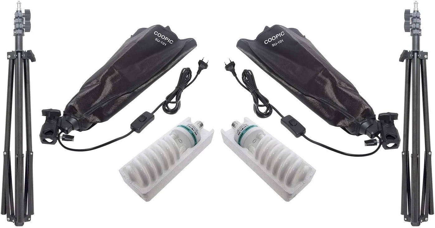 کیت نورپردازی سافت باکس مستطیلی مداوم SU-101: (2) سافت باکس 50x70 سانتی متر، (2) پایه نور، (2) لامپ 135 وات برای مجموعه تجهیزات استودیوی عکس