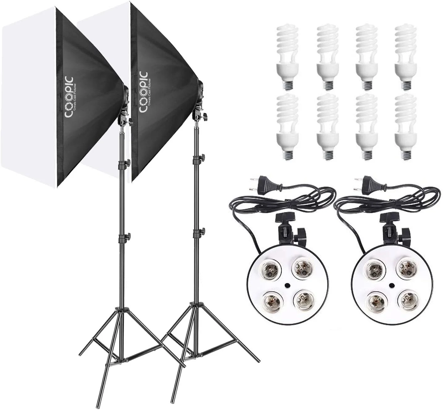 کیت نورپردازی سافت باکس مستطیلی COOPIC KT-1301 شامل 2 عدد سافت باکس 50x70 سانتی متر، 2 عدد نگهدارنده لامپ E27، 8 عدد لامپ 45 وات، 2 عدد پایه نور 200 سانتی متری برای مجموعه تجهیزات استودیوی عکس
