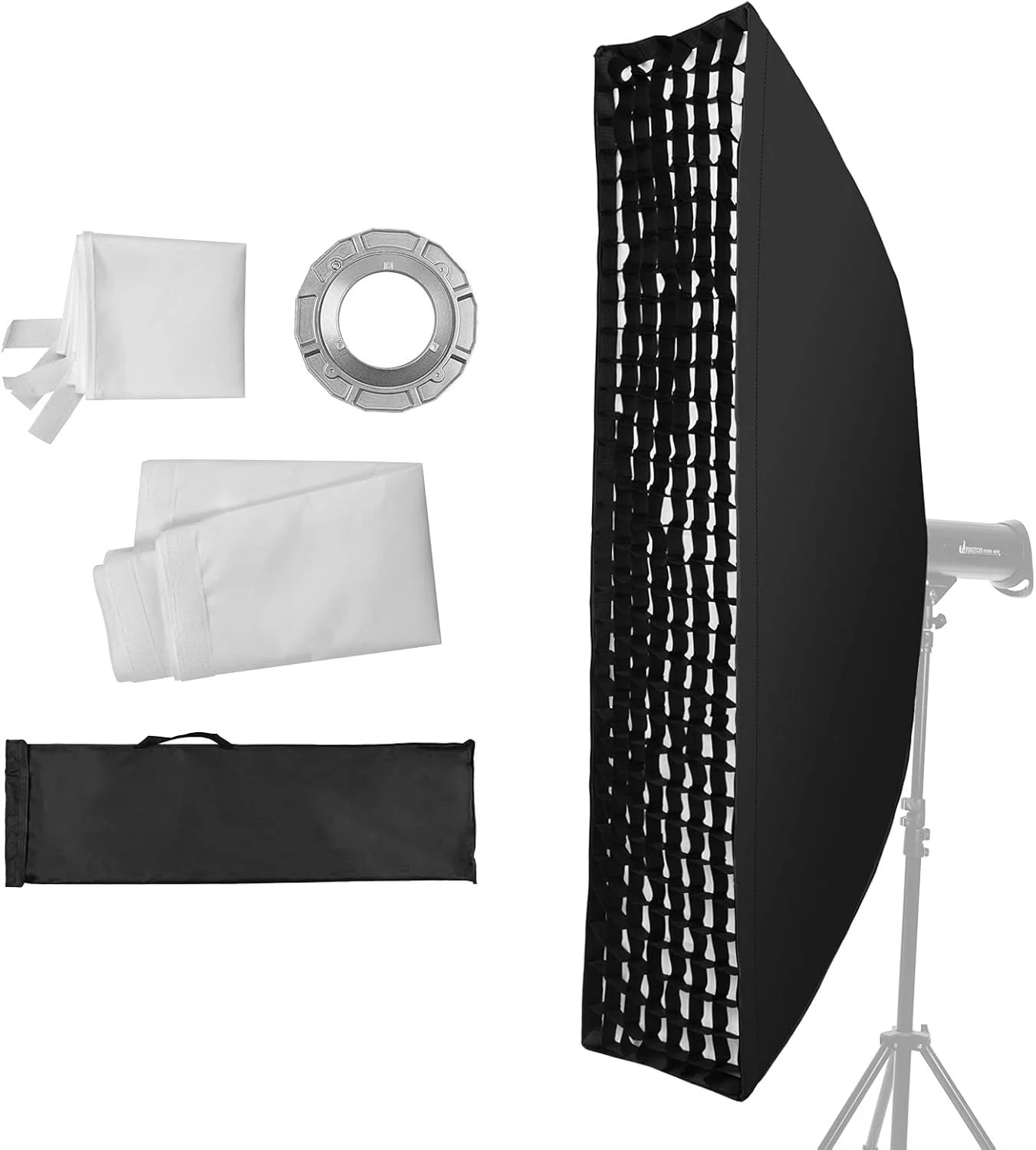سافت باکس نواری قابل حمل 35 * 160 سانتی متر با مانت بوئنز، دارای شبکه لانه زنبوری جداشدنی و کیف حمل برای نورهای استودیویی، نور ویدئویی، عکاسی پرتره و عکاسی محصول