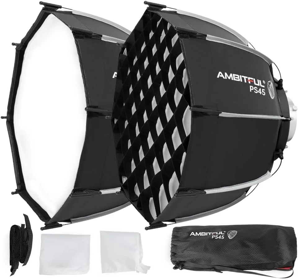 سافت باکس مینی 45 سانتی متری AMBITFUL با مانت بوئنز، جمع شدن و نصب سریع به همراه دیفیوزر، گرید لانه زنبوری و کیف (PS45)