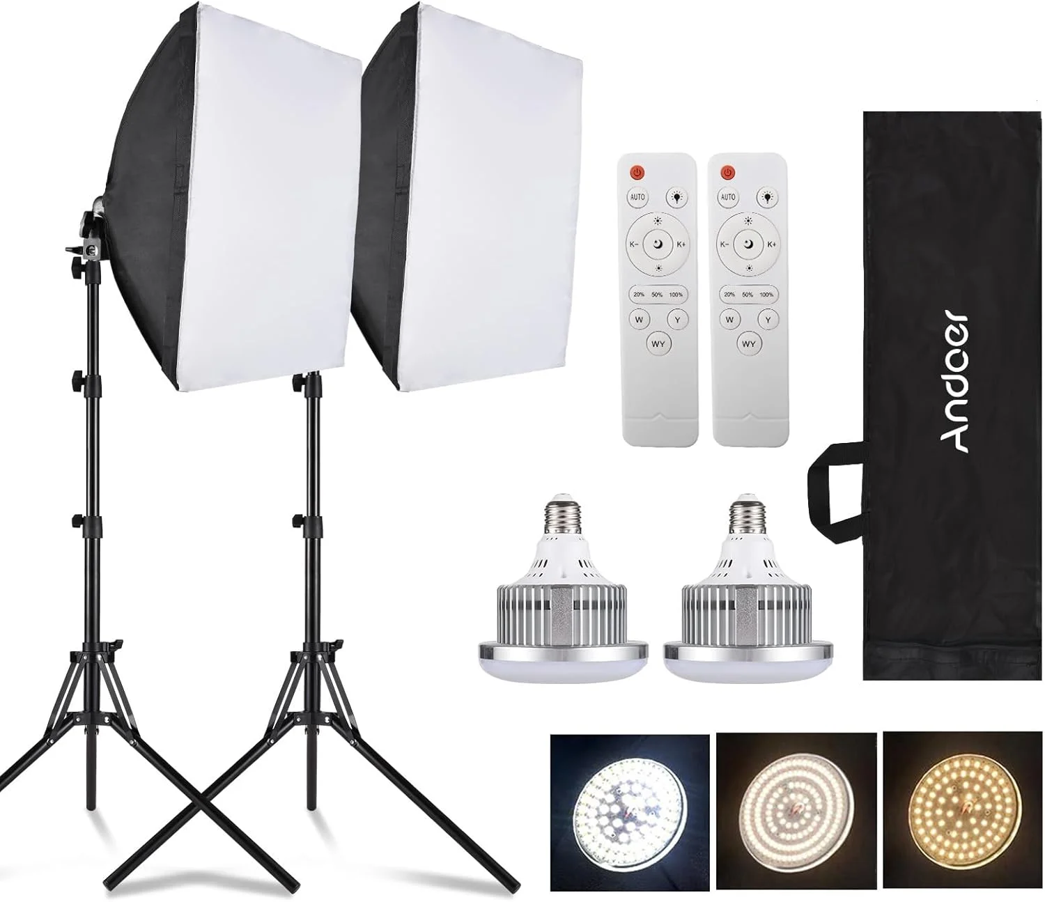Andoer - کیت نورپردازی عکاسی 40x40 سانتی متر، چراغ های استودیویی با نور LED دو رنگ 85 واتی، 2 عدد سافت باکس 40x40 سانتی متر، 2 عدد پایه نور 1.7 متری، ایده آل برای پرتره، عکس های محصول و