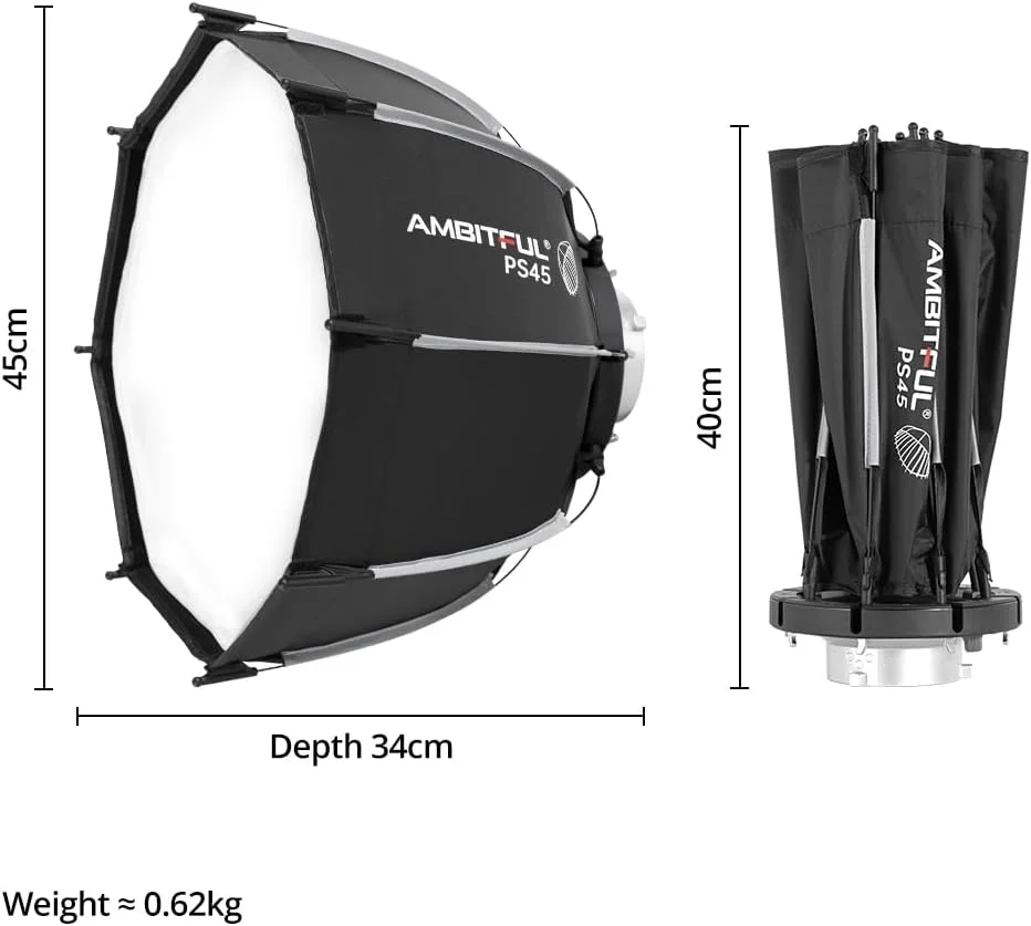 سافت باکس مینی 45 سانتی متری AMBITFUL با مانت بوئنز، جمع شدن و نصب سریع به همراه دیفیوزر، گرید لانه زنبوری و کیف (PS45)