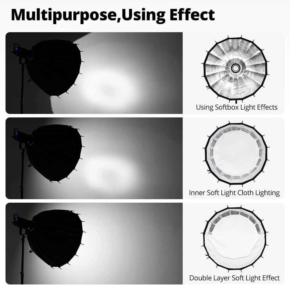 سافت باکس پارابولیک عمیق قابل حمل AMBITFUL PS60 با نصب سریع و آسان، دهانه بوئنز و گرید لانه زنبوری، مناسب برای تیک تاک، یوتیوب، گیمینگ، زوم و ضبط ویدیو، 60 سانتی متر
