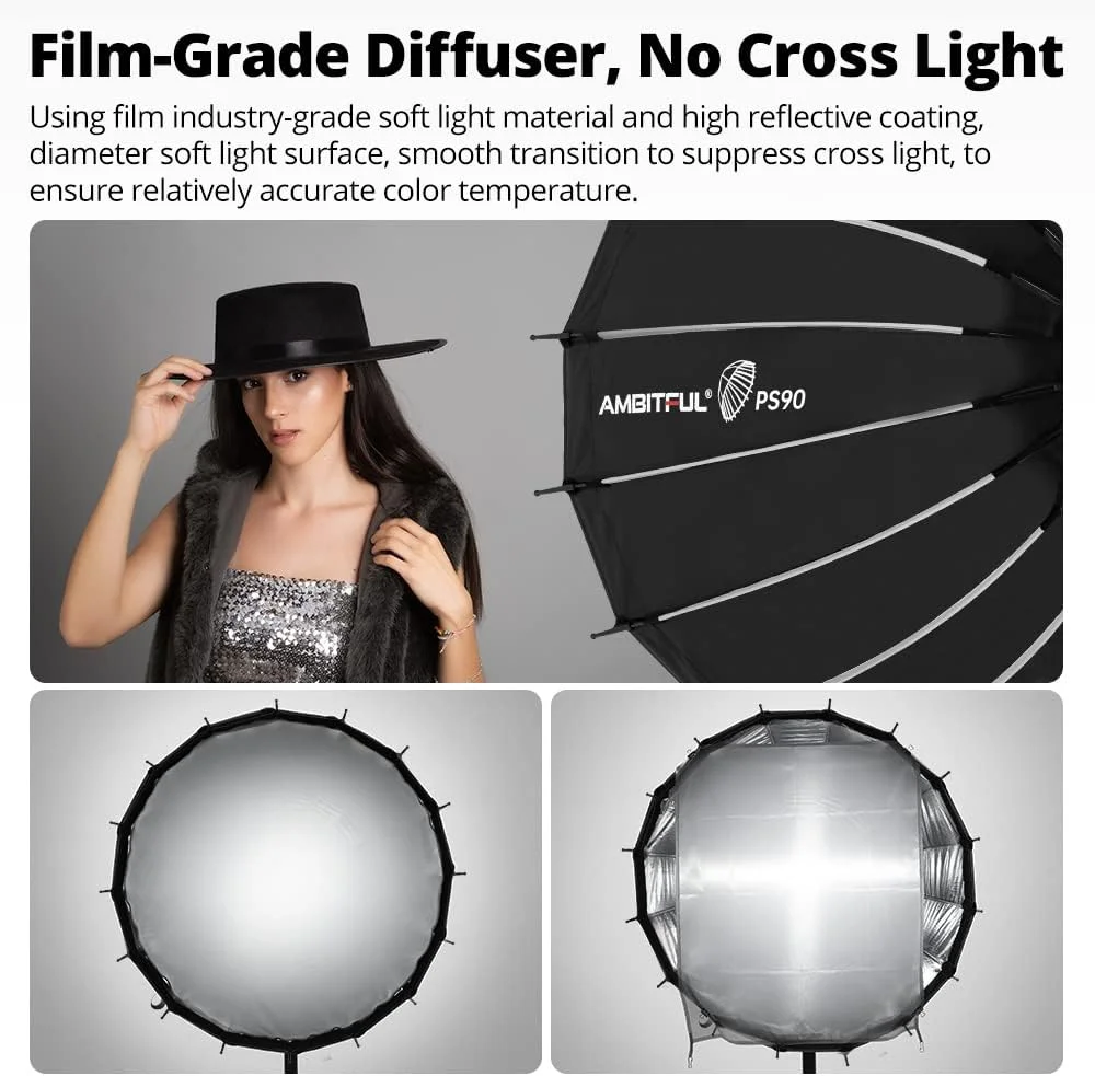 سافت باکس پارابولیک عمیق قابل حمل AMBITFUL PS60 با نصب سریع و آسان، دهانه بوئنز و گرید لانه زنبوری، مناسب برای تیک تاک، یوتیوب، گیمینگ، زوم و ضبط ویدیو، 60 سانتی متر