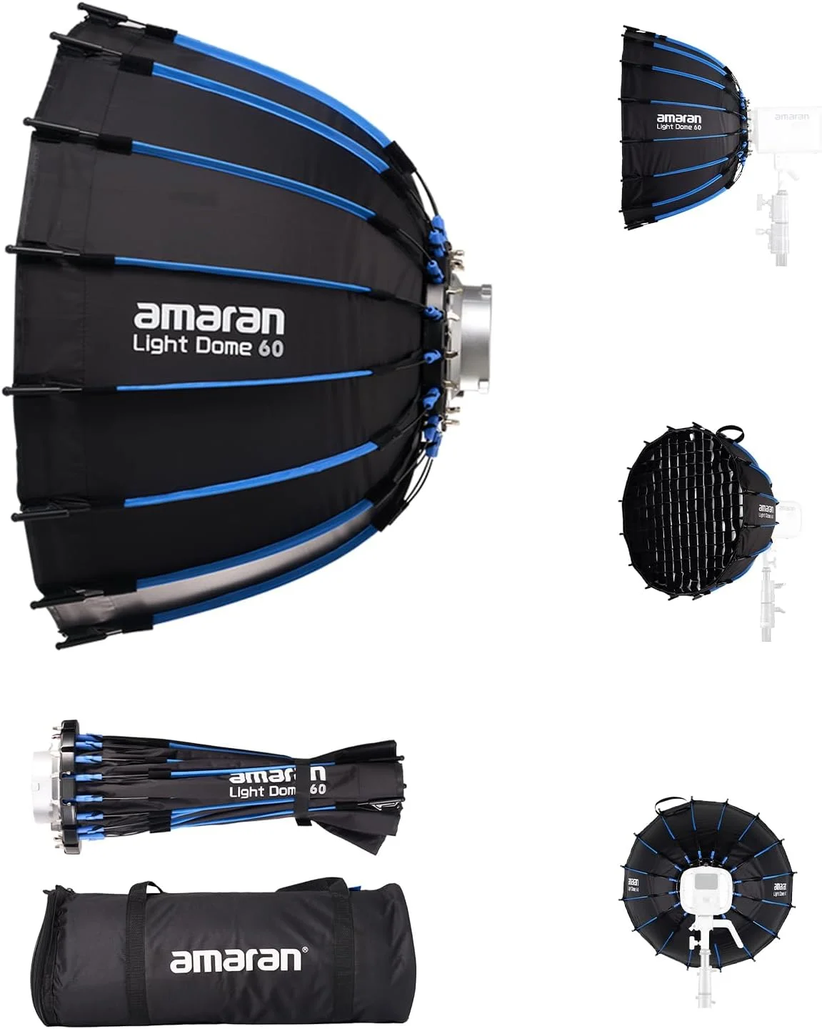 نرم باکس دایره ای 60 سانتی متری Amaran Light Dome 60 با مانت بوئنز و طراحی رهاسازی سریع، اصلاح کننده نور طبیعی 16 ضلعی برای پرتره، مصاحبه و راه اندازی استودیوی خانگی، سازگار با چراغ های Amaran