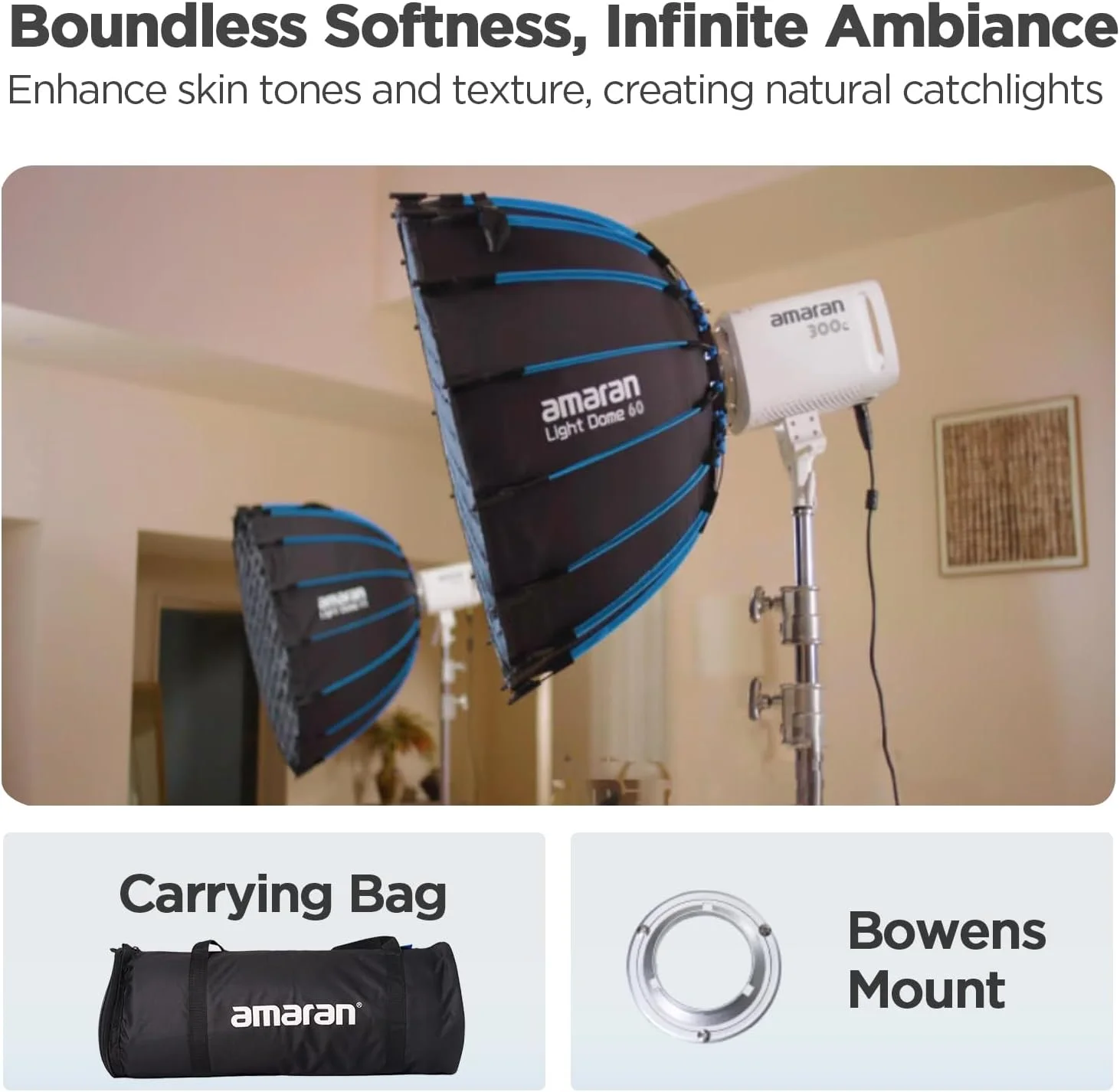نرم باکس دایره ای 60 سانتی متری Amaran Light Dome 60 با مانت بوئنز و طراحی رهاسازی سریع، اصلاح کننده نور طبیعی 16 ضلعی برای پرتره، مصاحبه و راه اندازی استودیوی خانگی، سازگار با چراغ های Amaran
