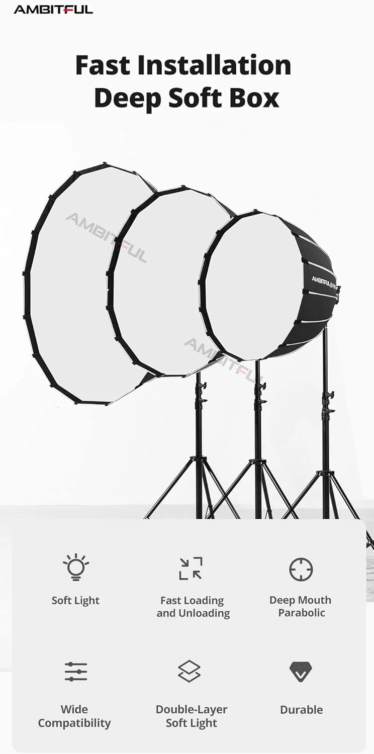 سافت باکس پارابولیک عمیق 70 سانتی متری با رهاسازی سریع AMBITFUL QD-P70 به همراه گرید لانه زنبوری برای فلاش استودیویی با مانت بوئنز (AMBITFUL QD-P70+ گرید لانه زنبوری)