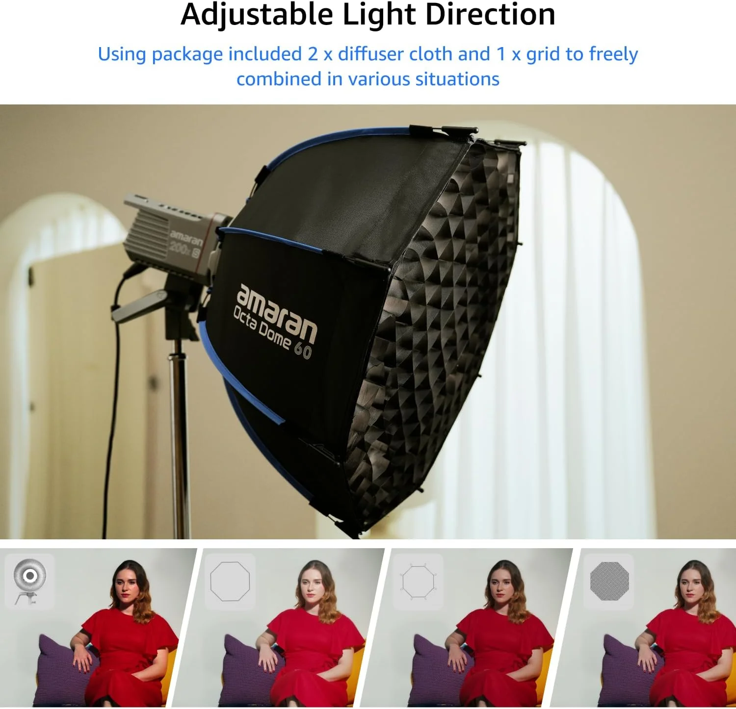 آماران اکتا دوم 60 سافت باکس هشت ضلعی با مانت بوئنز 60 سانتی متر، راه اندازی سریع و آسان، شکل دهنده نور به همراه دیفیوزر و لانه زنبوری برای عکاسی پرتره و مصاحبه، قابل حمل با کیف
