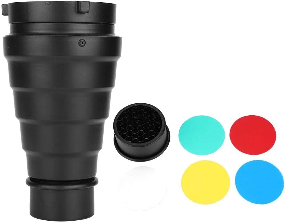 مخروطی نور آلیاژ آلومینیوم، لوله باریک کننده نور با شبکه لانه زنبوری و کیت فیلتر رنگی 5 عددی، سازگار با نورپردازی استودیویی مانت بوئنز