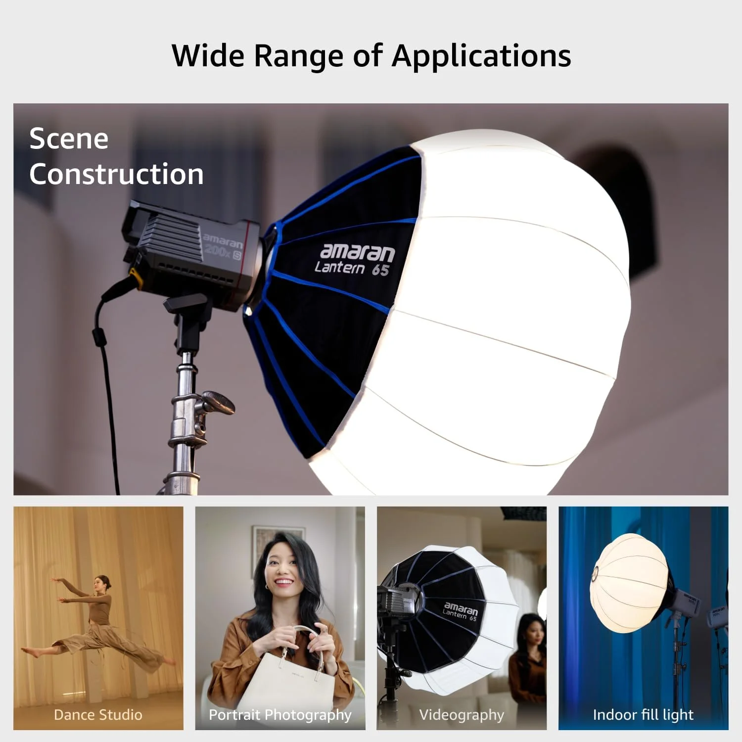 نرم باکس کروی ۶۵ سانتی متری Amaran Lantern با مانت بوئنز، نورپردازی ۳۶۰ درجه برای استودیو خانگی و تولید ویدیو، طراحی مونتاژ سریع برای نصب آسان، شامل کیف حمل