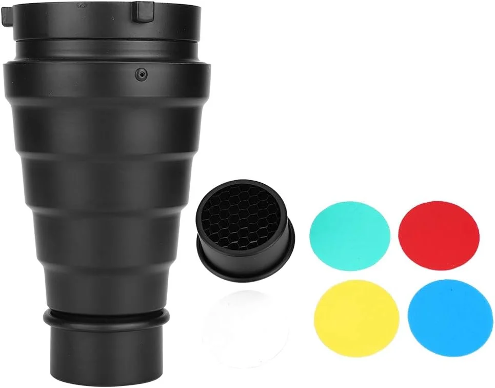 مخروطی نور آلیاژ آلومینیوم با فیلتر رنگی لانه زنبوری 5 عددی، برای نور فلاش استودیویی با مانت بوئنز، مشکی