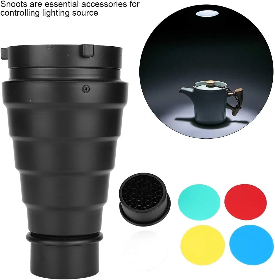 مخروطی نور آلیاژ آلومینیوم با فیلتر رنگی لانه زنبوری 5 عددی، برای نور فلاش استودیویی با مانت بوئنز، مشکی